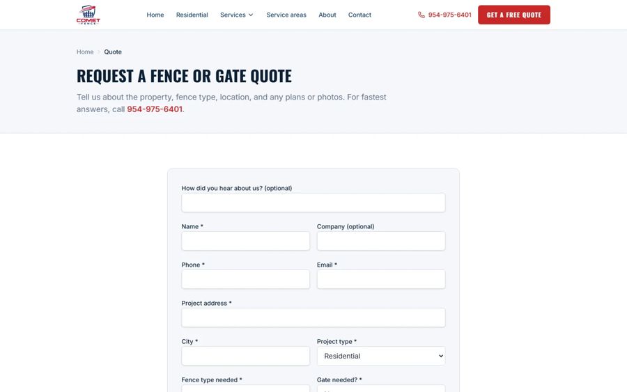 Comet Fence quote page
