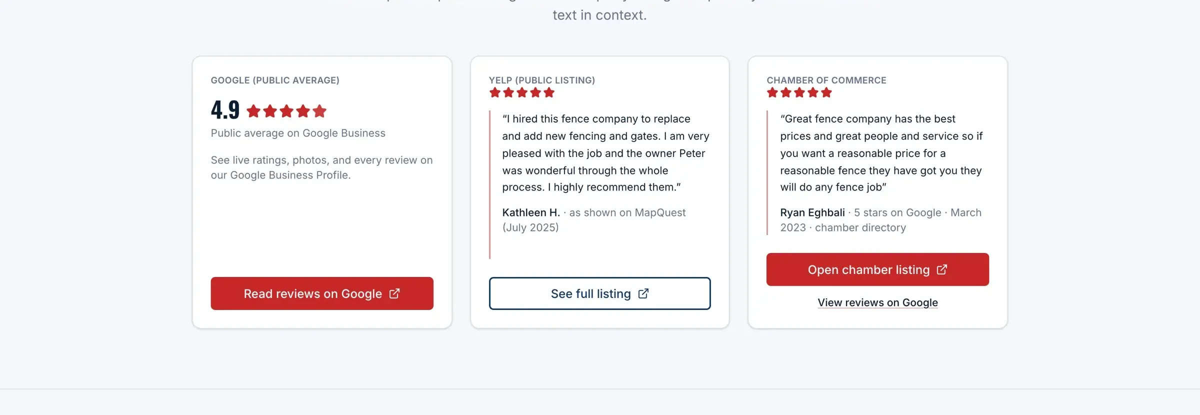 Third-party reviews from Google, Yelp and the Chamber of Commerce